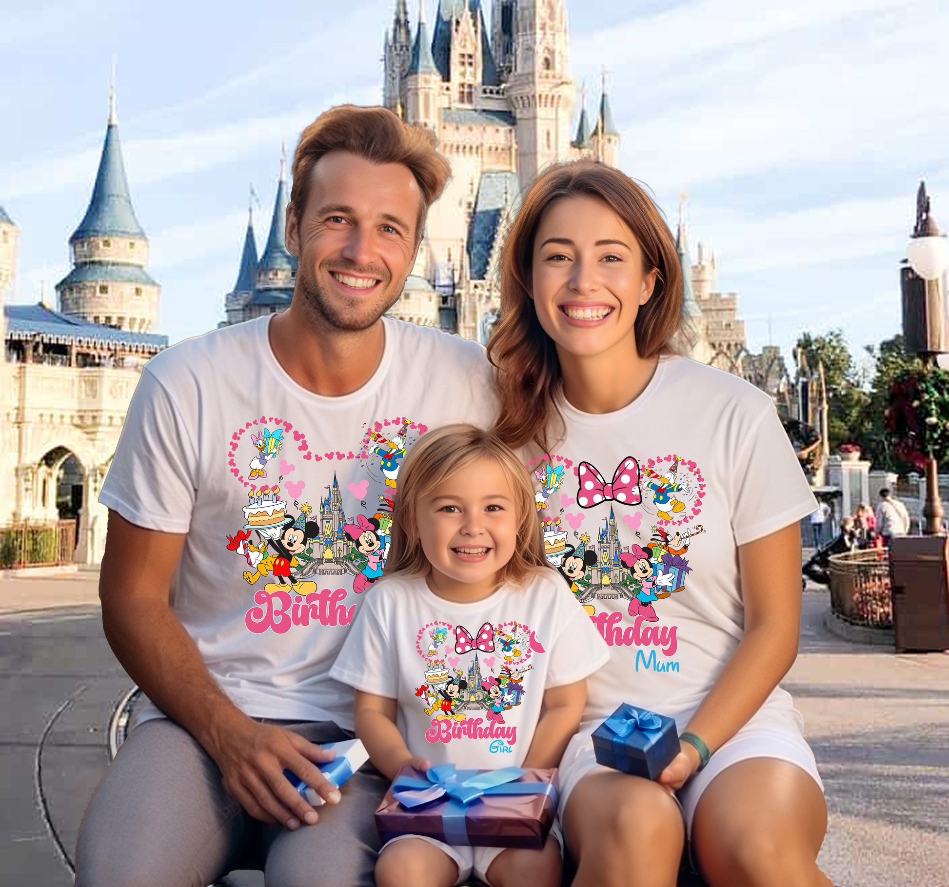White Disney-inspired t-shirt with “Royal Birthday Gang” colorful royal crown graphic