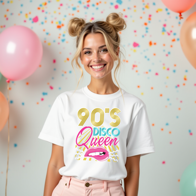 90s-inspired “Disco Queen” t-shirt styled with gold and sparkly elements, perfect for parties and retro looks.