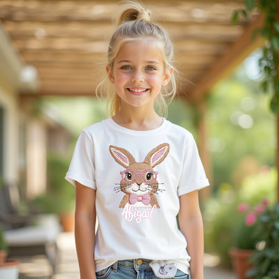 Young girl wearing a white t-shirt with a bunny design and name outdoors.