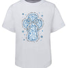 White t-shirt with blue floral cross design on a white background