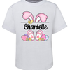 White t-shirt with Easter design and name 'Chantelle' on a white background