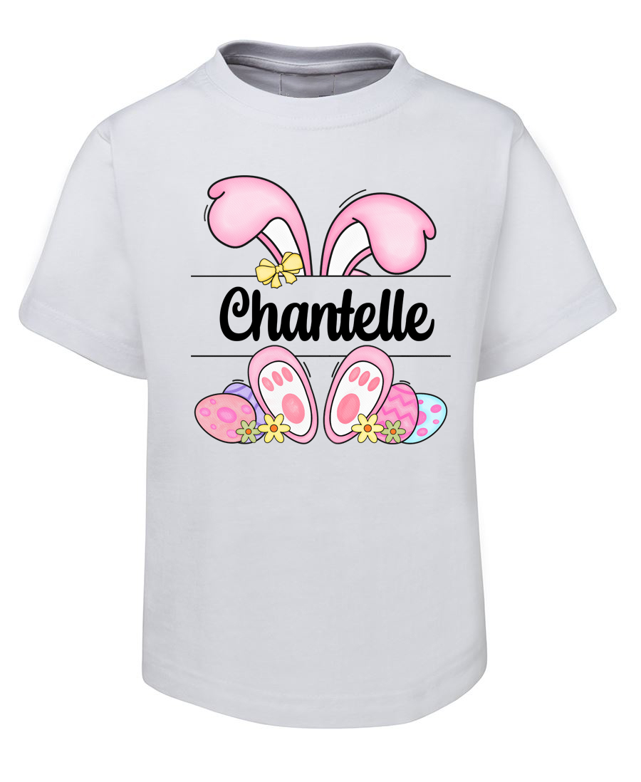 White t-shirt with Easter design and name 'Chantelle' on a white background