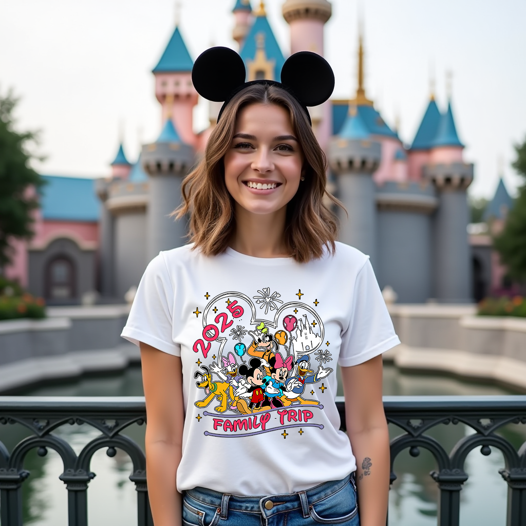 Flat lay of Castle Crew family trip t-shirt with cartoon castle and bold lettering.