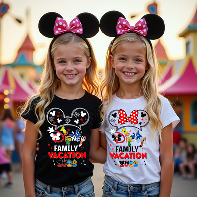 Mouse House Vacation t-shirt with Disney-style text, laid flat on a white background.