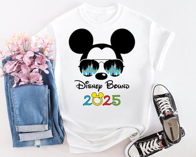 Close-up of Mickey & Minnie sunglasses design with Disney castle detail on soft cotton tee