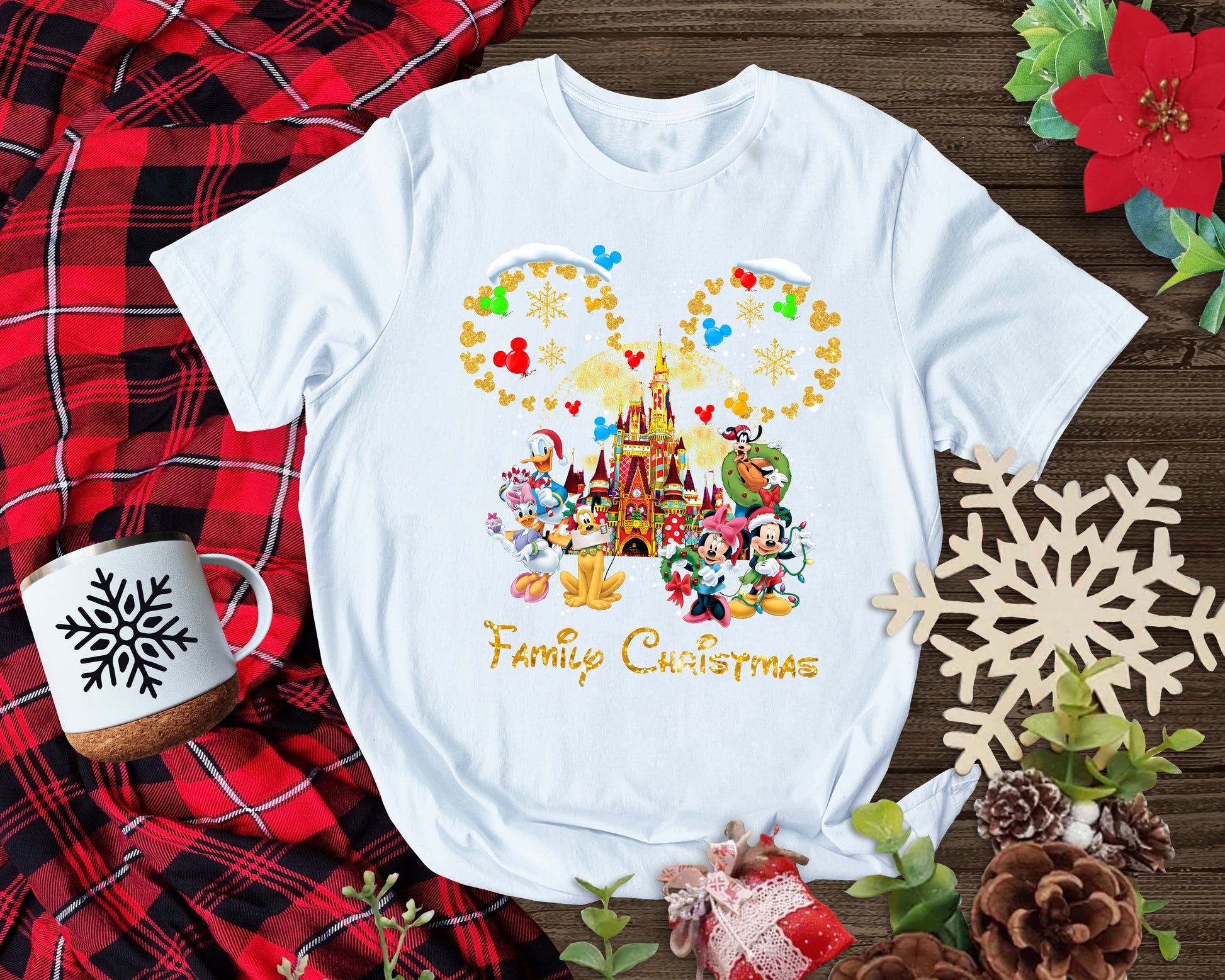Festive Disney-inspired Christmas shirt featuring snowy castle scene and gold sparkle Mickey ears