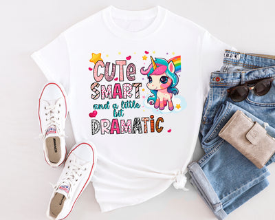 Playful unicorn shirt with Cute Smart & Dramatic text