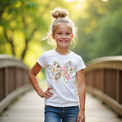 Labubu Charm Bow Cartoon Style Graphic T-shirt with cute character design