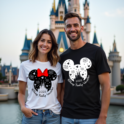 Matching Magic Makers Vacation tees, posing together for a Disney-inspired photo moment.
