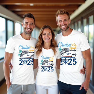 Three people wearing matching 'Cruise Squad 2025' t-shirts in a modern indoor setting.