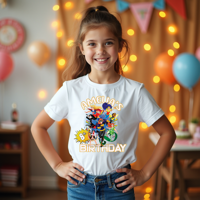 Superhero’s Birthday heroes inspired graphic t-shirt front view