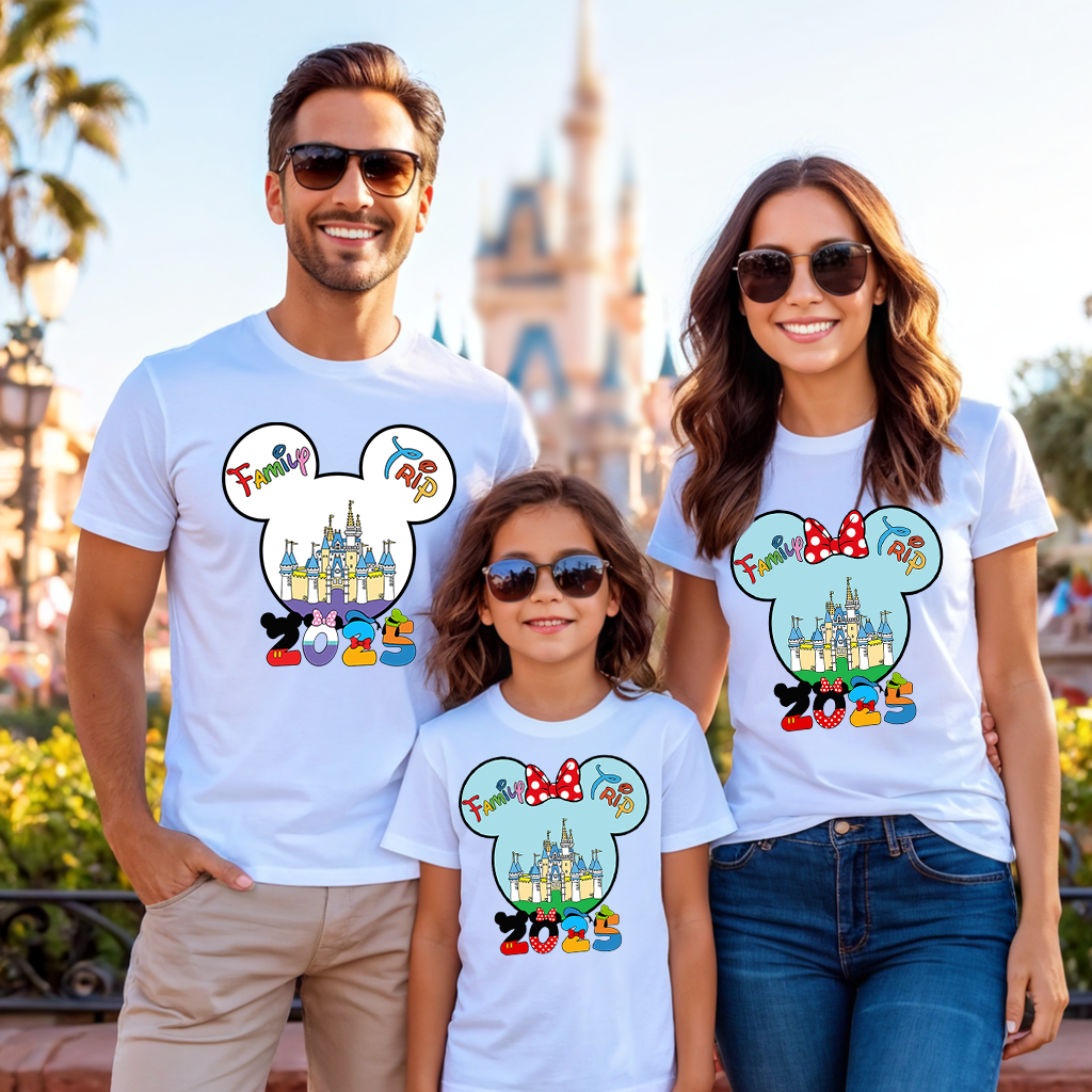 Magical Family Trip t-shirt featuring Disney-inspired font and stars, displayed flat on neutral background.