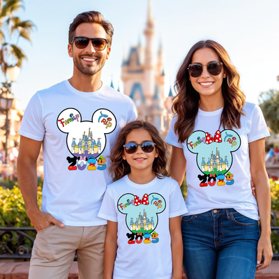 Magical Family Trip t-shirt featuring Disney-inspired font and stars, displayed flat on neutral background.