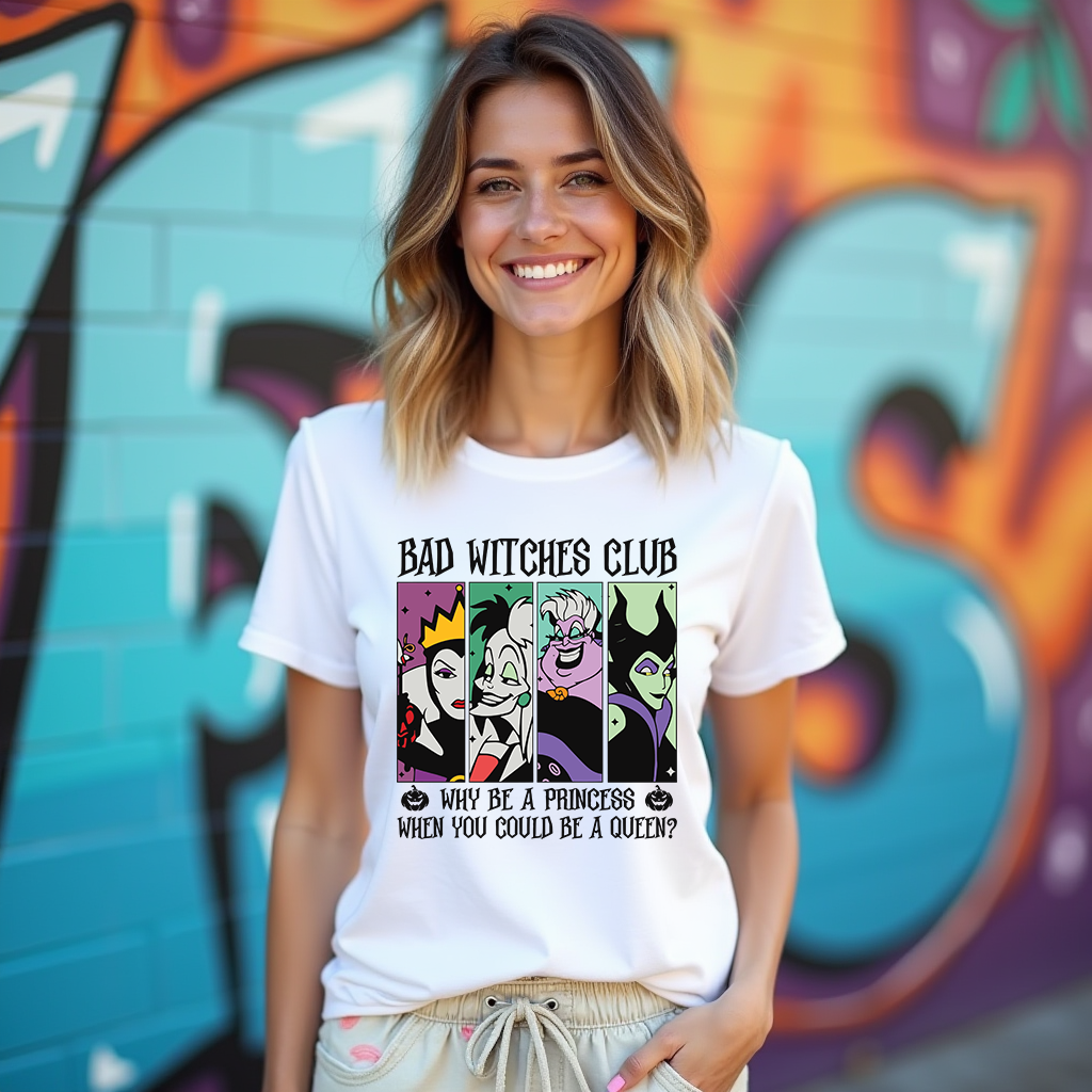 Front view of Bad Witches Club T-shirt featuring bold Disney-inspired text and empowering quote