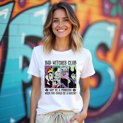 Front view of Bad Witches Club T-shirt featuring bold Disney-inspired text and empowering quote