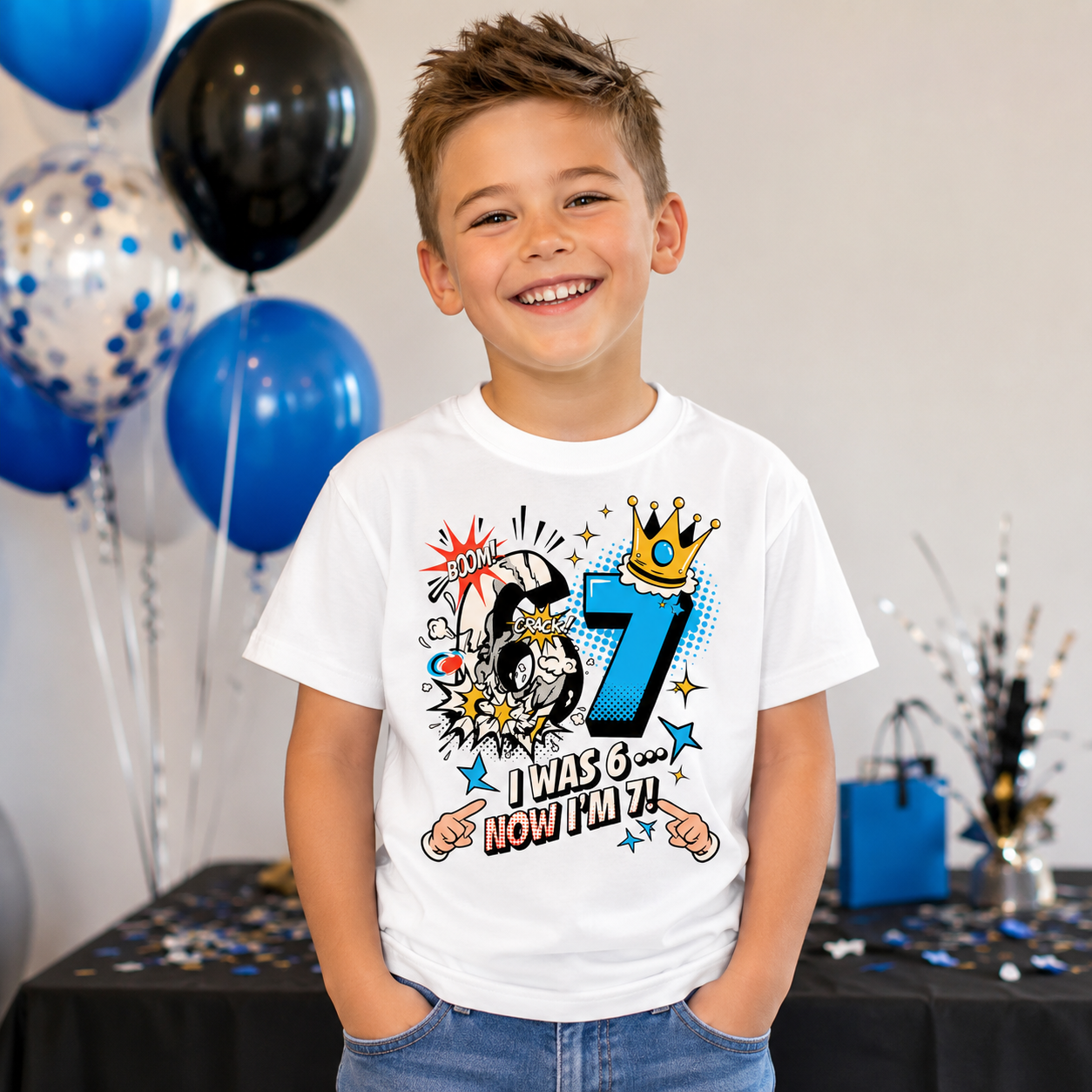 Boy wearing personalised 7th birthday t-shirt at a birthday party featuring "I Was 6... Now I'm 7!" comic design.