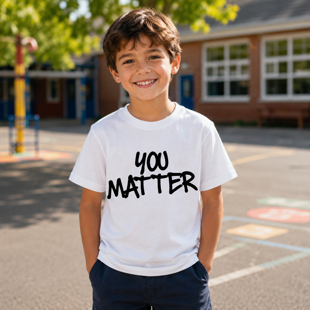 A young boy smiling in an outdoor schoolyard, wearing a white short-sleeve t-shirt with the text 'YOU MATTER' printed in black across the chest, paired with navy blue pants.