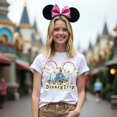 Close-up of Disney-inspired design showing heart-shaped ears, castle, and boxed DisneyTrip lettering on soft cotton tee
