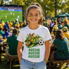 Young girl wearing a t-shirt with an aussie kangaroo design at a sports event.