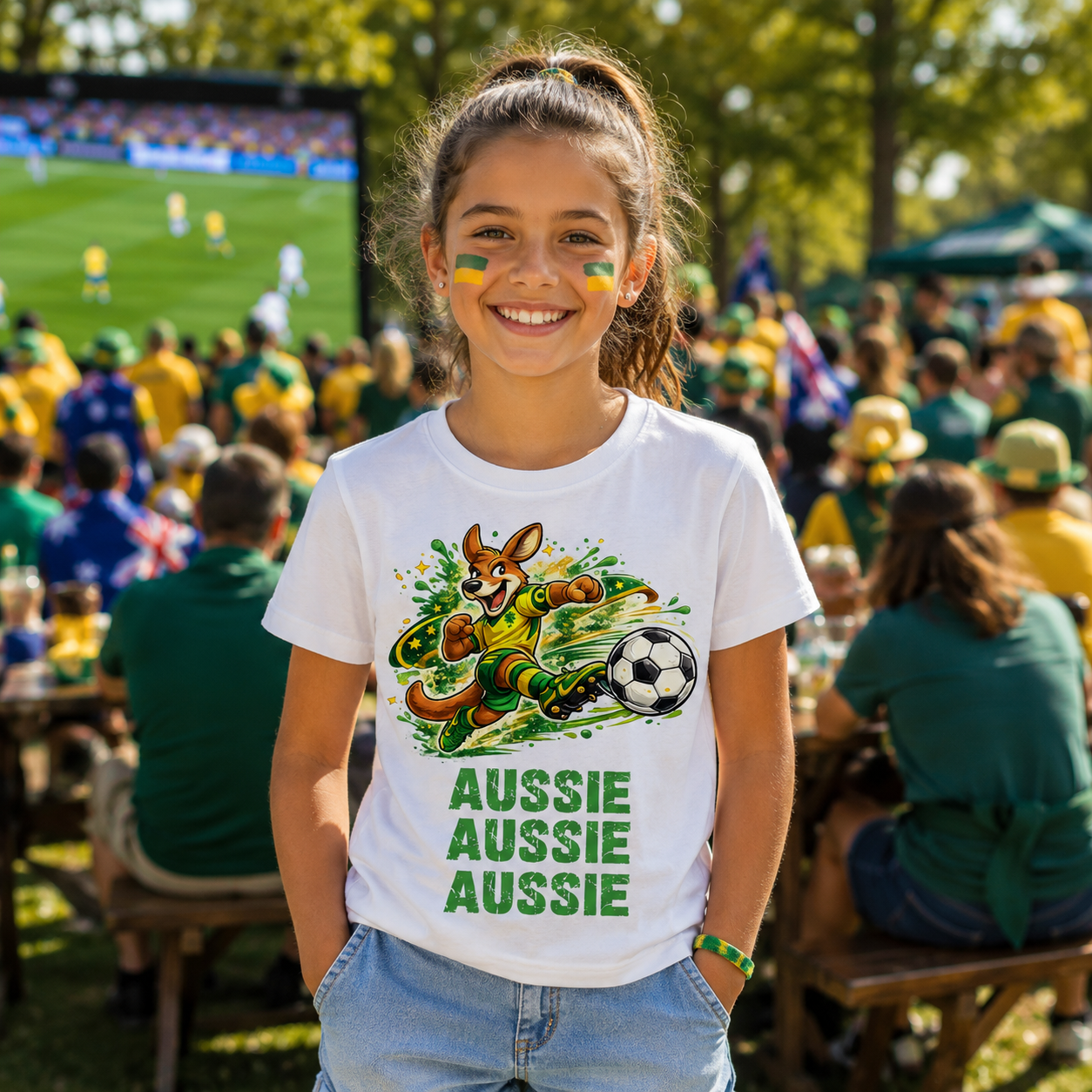 Young girl wearing a t-shirt with an aussie kangaroo design at a sports event.