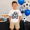 Boy wearing "I Was 6 Now I'm 7" soccer birthday t-shirt at a soccer-themed 7th birthday party.