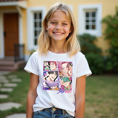 Child wearing a white t-shirt with colorful graphic design outdoors.