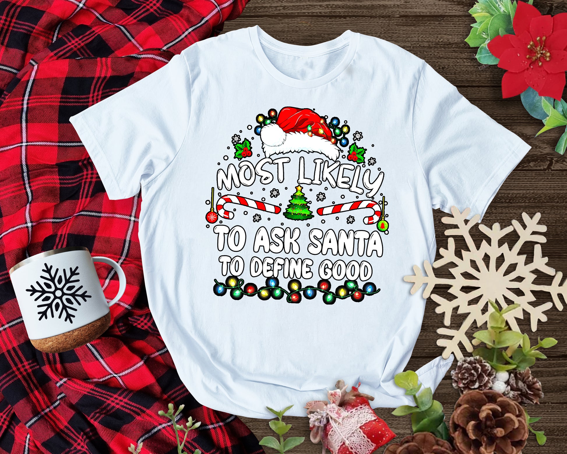 Festive party shirt with playful “define good” Christmas print