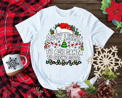 Festive party shirt with playful “define good” Christmas print