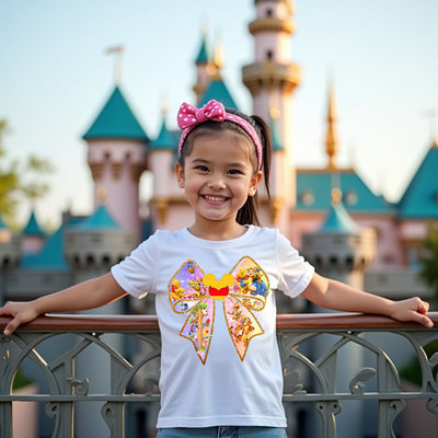 Young girl with a colorful bow design on her shirt in front of a castle. with winnie the pooh