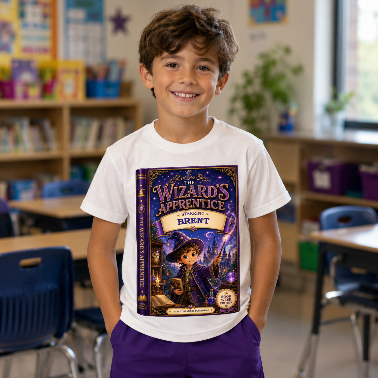 boy at school in the classroom celebrating book week wearing  a crew neck tshirt wiht a graphic print of a wizards apprentice book starring his name Brent