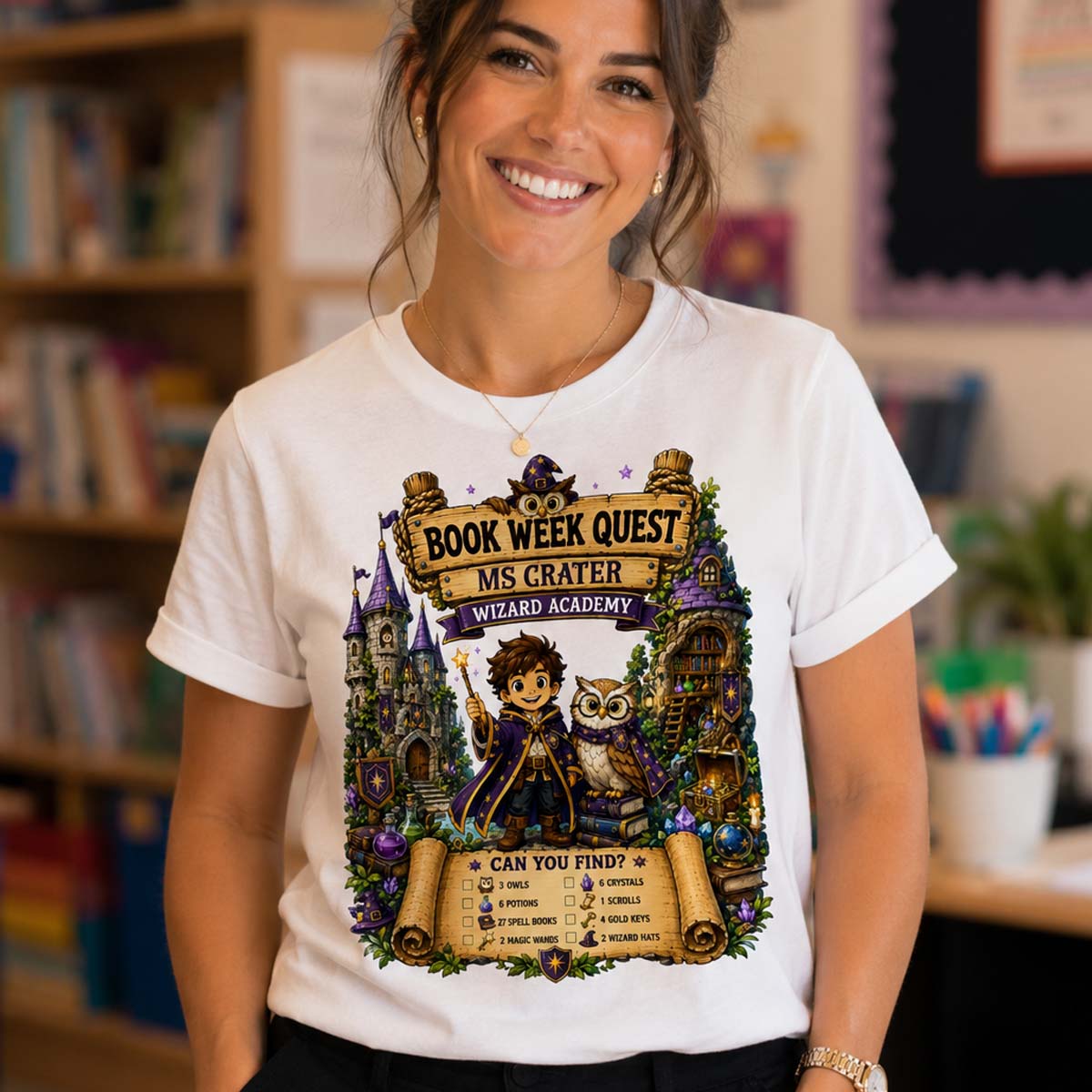 A smiling woman wearing a white graphic T-shirt with a colorful wizard-themed 'Book Week Quest Ms Grater Wizard Academy' print, standing in a blurred library or classroom setting.