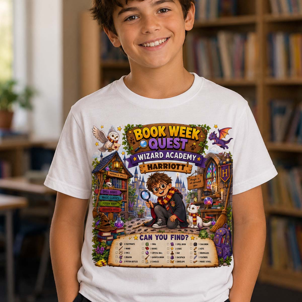 wizard academy graphic shirt with look a like harry potter