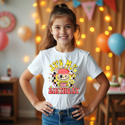 Yellow birthday tee featuring Labubu-inspired design, perfect for kids' parties and fun celebrations