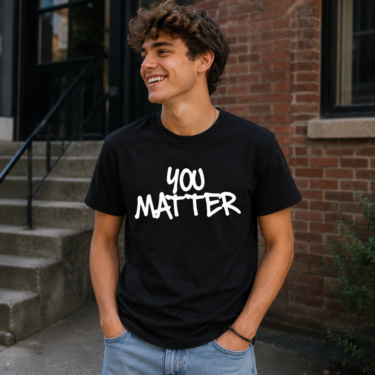 A smiling young man wearing a black crewneck t-shirt with the phrase 'YOU MATTER' printed in a white graffiti-style font, standing outdoors in front of a brick building.